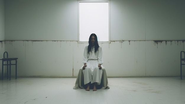 giovane donna in abito da fantasma seduta sul pavimento in una casa abbandonata
