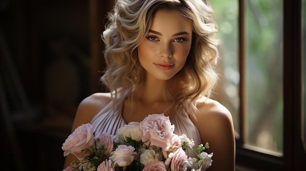 giovane donna in abito da sposa in posa con i fiori