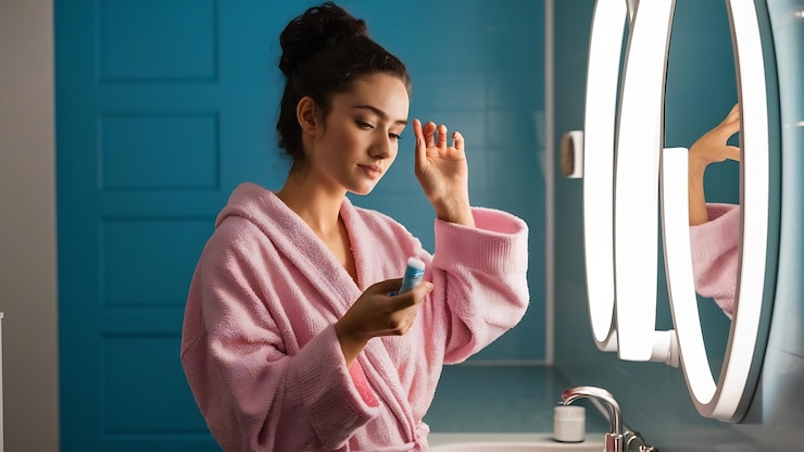 Foto giovane donna in accappatoio rosa che usa il trucco sul blu