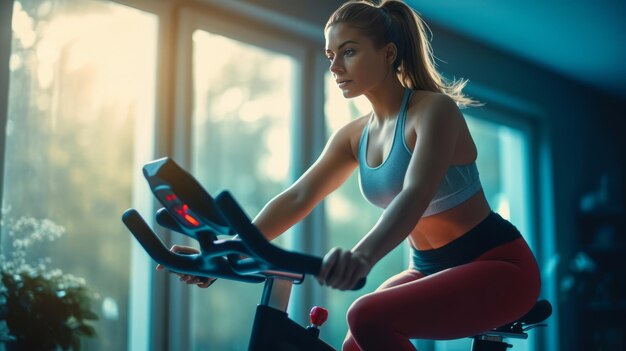 giovane donna in bicicletta per l'esercizio fisico e il benessere a casa Palestra domestica di concetto