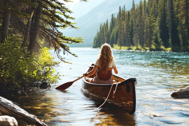 Giovane donna in canoa o kayak in avventura in natura