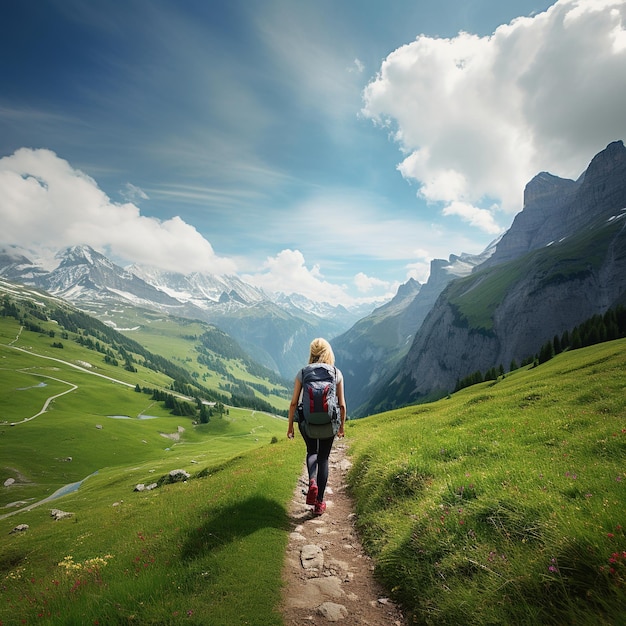 Giovane donna in escursione nelle Alpi svizzere in una bella giornata estiva