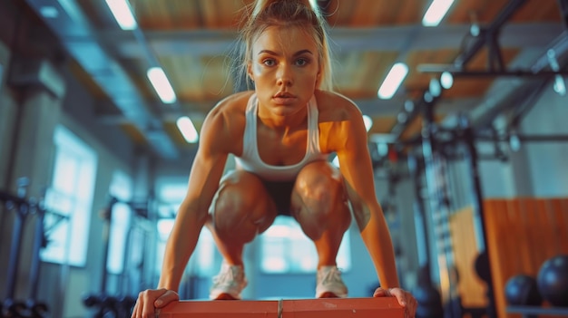 Giovane donna in forma che conquista gli obiettivi di fitness con i salti in scatola in palestra