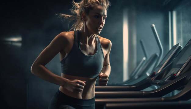 Giovane donna in forma con corporatura muscolosa che fa jogging al chiuso con determinazione generata dall'intelligenza artificiale