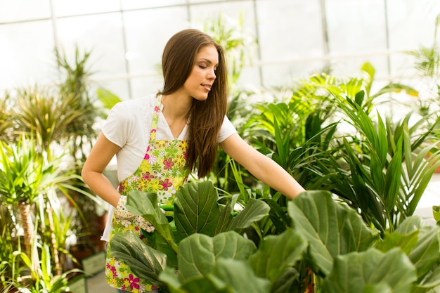 Giovane donna in giardino fiorito