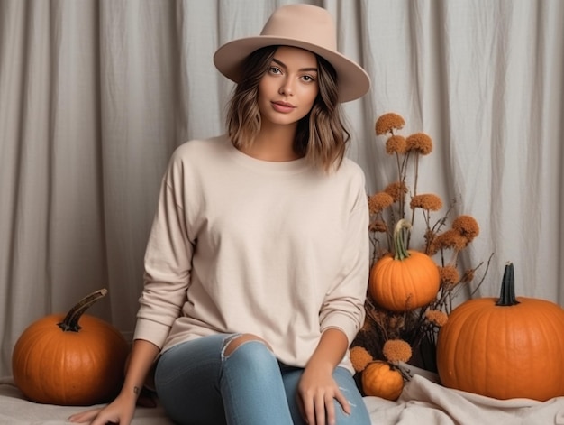 Giovane donna in jeans e cardigan che gioca con la capra bianca in una fattoria di zucche Autunno b AI generativa