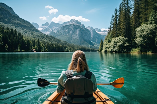 Giovane donna in kayak sul lago Braies Dolomiti Italia Bella donna in kayak su un bellissimo lago di montagna con alberi verdi AI Generato