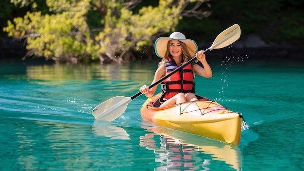 Giovane donna in kayak sul lago