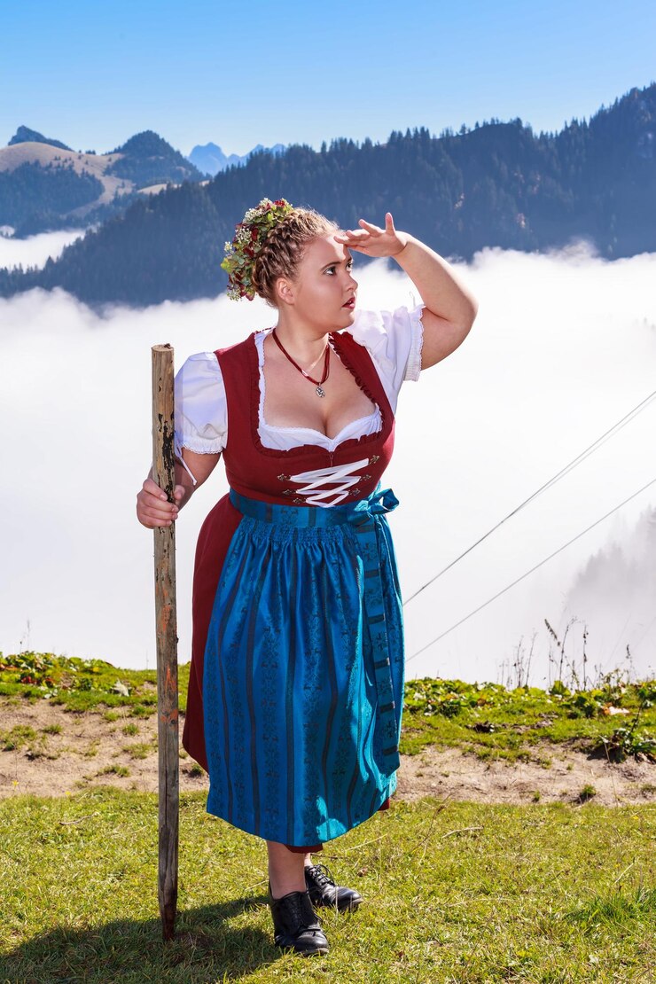 Foto giovane donna in piedi sul campo contro le montagne