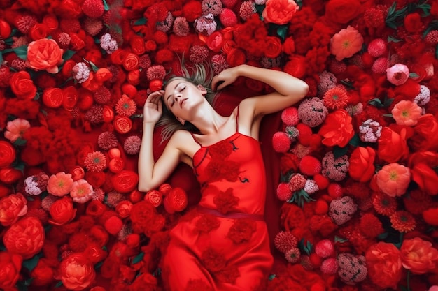 Giovane donna in rosso sdraiato sui fiori bella ragazza su sfondo floreale AI generativa