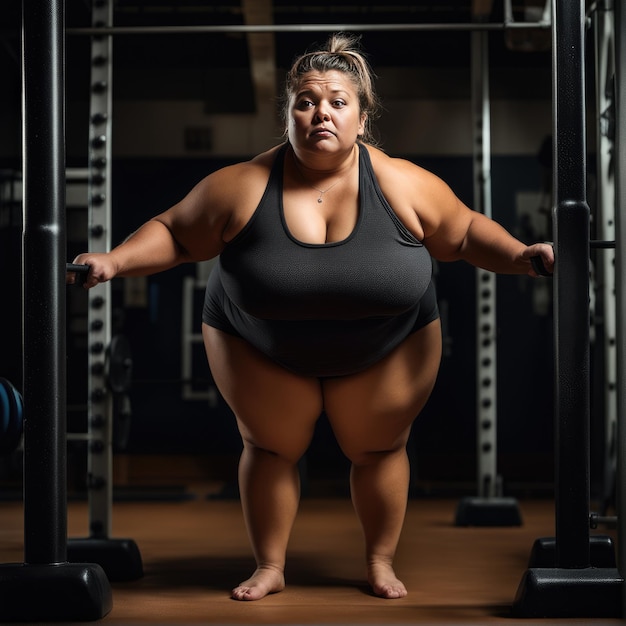 Giovane donna in sovrappeso che si esercita in palestra