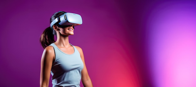 Giovane donna in uno studio di fitness di realtà virtuale sullo sfondo viola chiaro