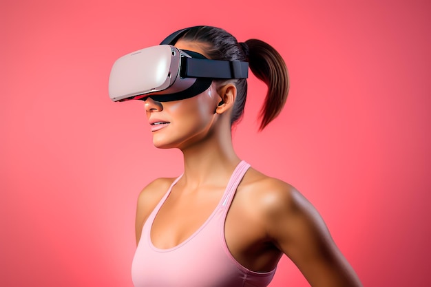 Giovane donna in uno studio di fitness di realtà virtuale sullo sfondo viola chiaro