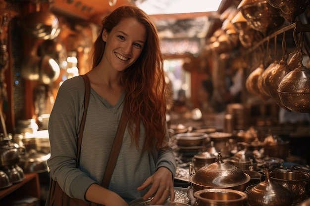 Giovane donna in viaggio che visita un negozio di souvenir in rame