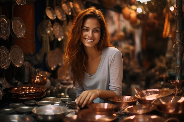 Giovane donna in viaggio che visita un negozio di souvenir in rame