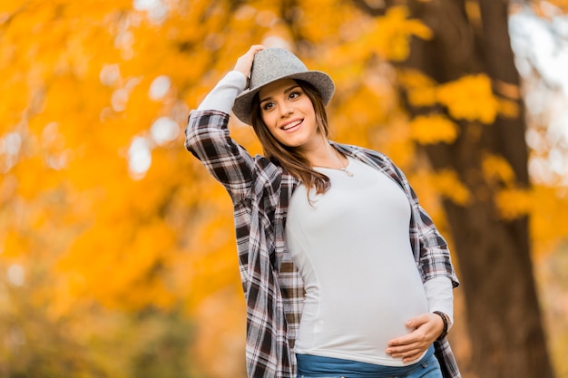 Giovane donna incinta nel parco d&#39;autunno