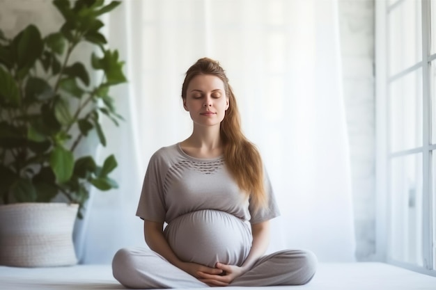 Giovane donna incinta sana che fa esercizi di yoga e medita a casa Concetto di assistenza sanitaria
