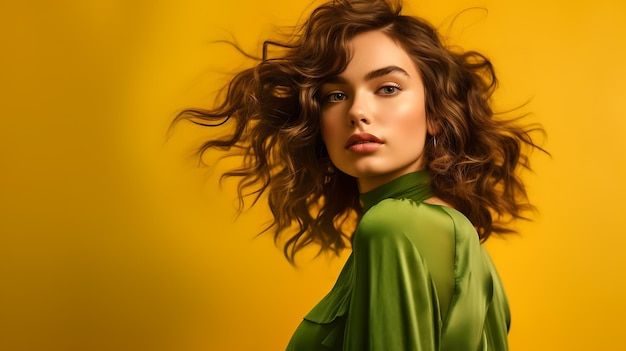 Giovane donna italiana in abito verde su sfondo giallo Ai Generative