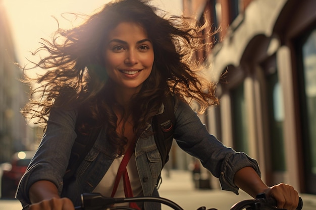 Giovane donna latina che guida una bici sulla pista ciclabile