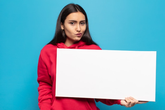 Giovane donna latina che scrolla le spalle, sentendosi confusa e incerta, dubbiosa con le braccia incrociate e lo sguardo perplesso