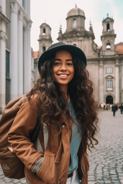 Giovane donna latinoamericana che esplora la città con un sorriso