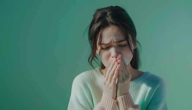 Giovane donna malata che tossisce sullo sfondo verde