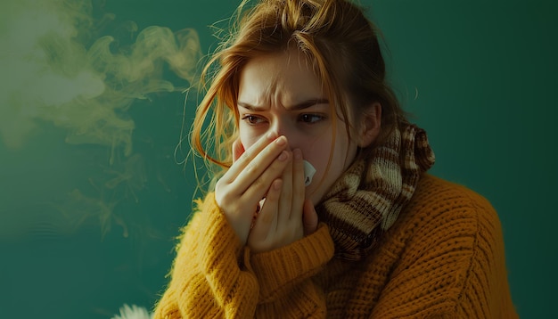 Giovane donna malata che tossisce sullo sfondo verde