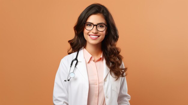 Giovane donna medico in piedi su uno sfondo isolato