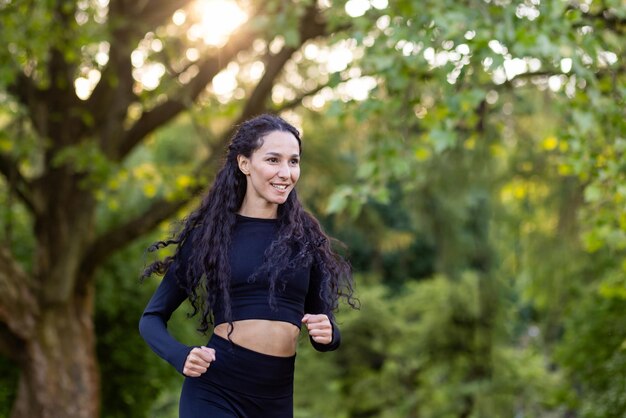 Giovane donna motivata e gioiosa che fa jogging la mattina in un parco pubblico tra gli alberi donna ispanica