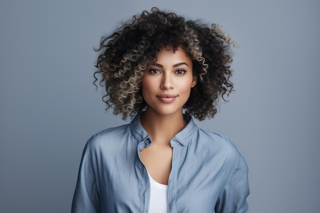 Giovane donna multiculturale con i capelli bianchi ricci in una ripresa in studio