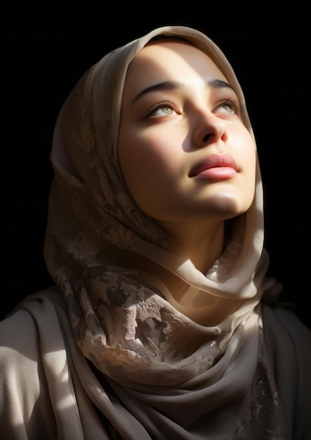 Giovane donna musulmana che solleva la testa in preghiera la luce del sole sul suo viso concetto di religione