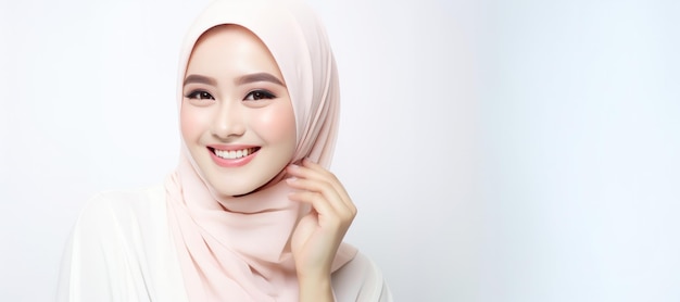 Giovane donna musulmana malese sorridente con spazio per la copia