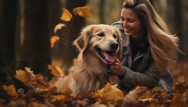 Giovane donna nel parco con il suo cane in autunno