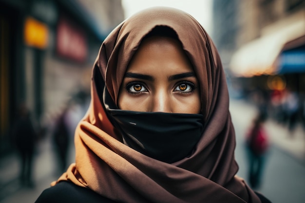 Giovane donna nel tradizionale hijab musulmano ritratto primo piano con il volto coperto su una strada cittadina tra una folla di gente colorato velo hijab Generative AI