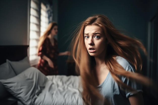 Giovane donna nella sua camera da letto mentre qualcuno cerca di passare creato con l'AI generativa