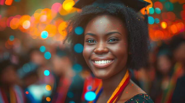 Giovane donna nera americana che indossa un berretto di laurea che balla alla festa sullo sfondo festivo bokeh