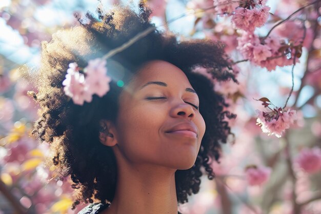 Giovane donna nera che gode dei fiori primaverili ritratto primaverile