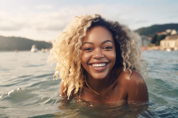 Giovane donna nera che nuota in mare Capelli afro biondi sorridenti Vacanze estive in Europa