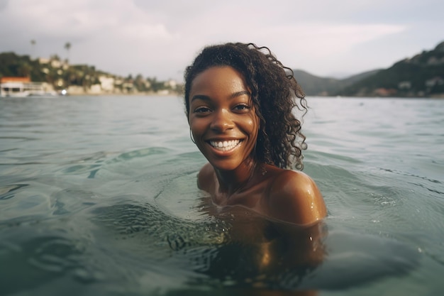 Giovane donna nera che nuota nel mare sorridente da vicino