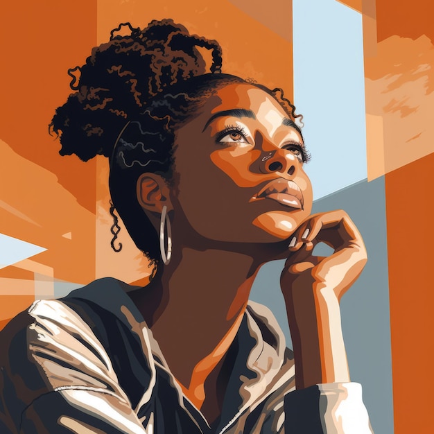 Giovane donna nera nel pensiero e nell'illustrazione dei dubbi Personaggio hipster femminile con volto sognante su sfondo astratto poster colorato disegnato ai generato luminoso