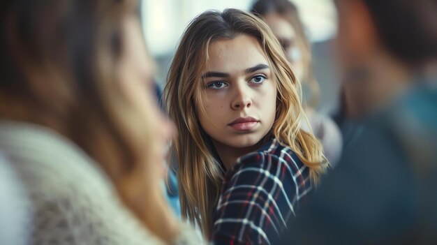 Giovane donna pensierosa che guarda da un'altra parte mentre è seduta con gli amici sullo sfondo