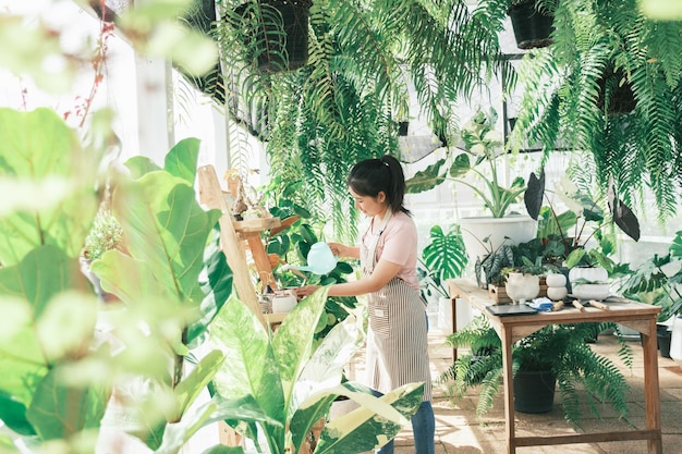 Giovane donna pianta proprietario negozio di piante di irrigazione in un negozio di piante