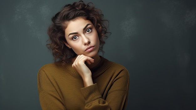 Giovane donna premurosa con sguardo frustrato indeciso che contempla Banner con spazio per il testo nelle vicinanze