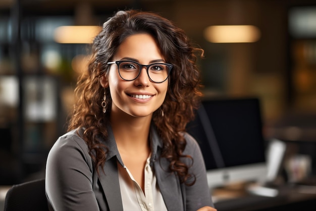 Giovane donna professionale sicura di sé con i capelli ricci e gli occhiali che sorride in un ufficio aziendale