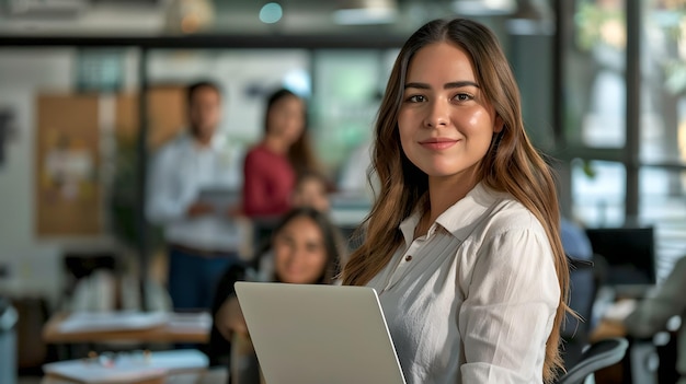 Giovane donna professionista si trova con fiducia in un ufficio affollato I dipendenti lavorano in sottofondo Ambiente di lavoro moderno Ritratto AI