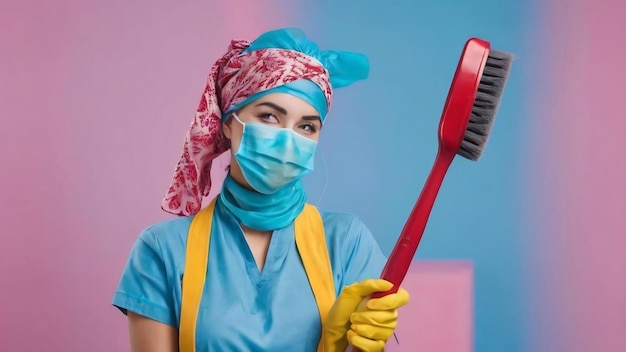 Giovane donna pulitrice allegra che indossa bandana uniforme e guanti di gomma con spazzola e detergente c