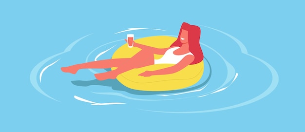 Giovane donna rilassata con un cocktail in mano galleggia in piscina su un grembo gonfiabile di gomma vibrazioni estive tempo libero in vacanza ragazza felice in acqua nuoto cartone animato concetto vettoriale isolato piatto