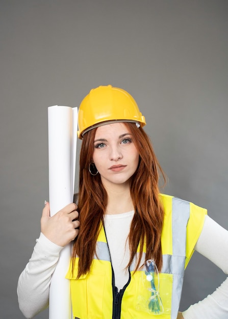 Giovane donna rossa ingegnere o lavoratore di cantiere con progetto cartaceo che indossa un giubbotto di sicurezza e elmetto protettivo isolato su sfondo grigio con particolare attenzione agli occhi