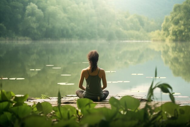 Giovane donna seduta in pace vicino a un lago tranquillo AI generativa