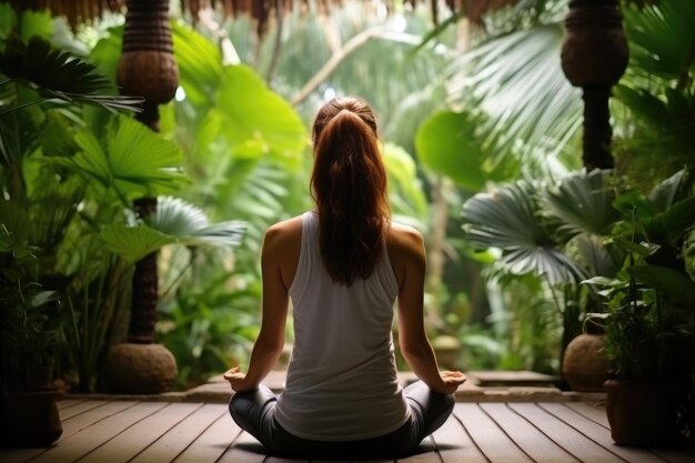 Giovane donna seduta in posizione di loto sullo sfondo della giungla tropicale